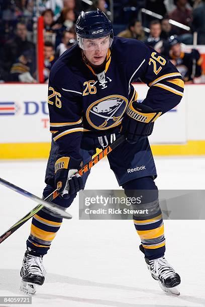 Thomas Vanek of the Buffalo Sabres awaits the faceoff during the game against the Toronto Maple Leafs on December 12, 2008 at HSBC Arena in Buffalo,...