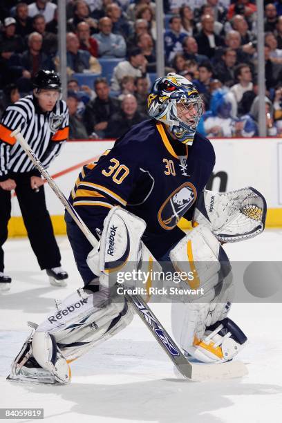 Ryan Miller of the Buffalo Sabres defends the net during the game against the Toronto Maple Leafs on December 12, 2008 at HSBC Arena in Buffalo, New...