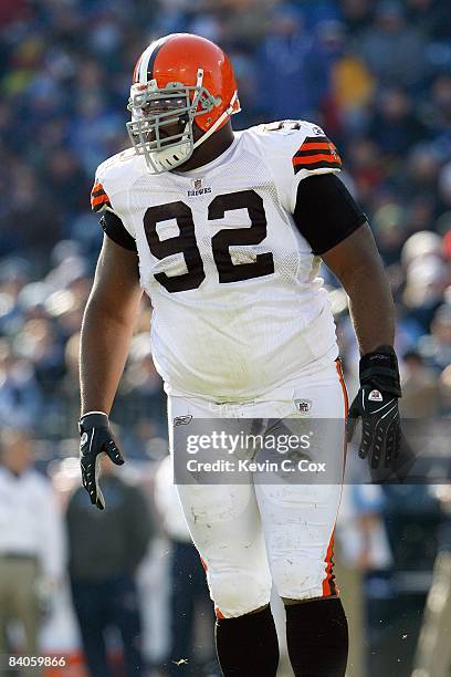 Shaun Rogers of the Cleveland Browns walks on the field during the game against the Tennessee Titans on December 7, 2008 at LP Field in Nashville,...