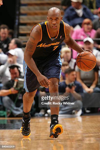 Chauncey Billups of the Denver Nuggets moves the ball up court during the game against the Sacramento Kings at Arco Arena on December 6, 2008 in...