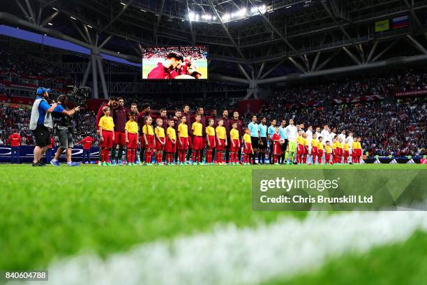 The two teams line up ahead of the FIFA Confederations Cup Russia 2017 Semi-Final match between Portugal and Chile at Kazan Arena on June 28, 2017 in...