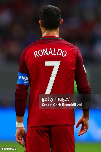 Cristiano Ronaldo of Portugal looks on during the FIFA Confederations Cup Russia 2017 Semi-Final match between Portugal and Chile at Kazan Arena on...