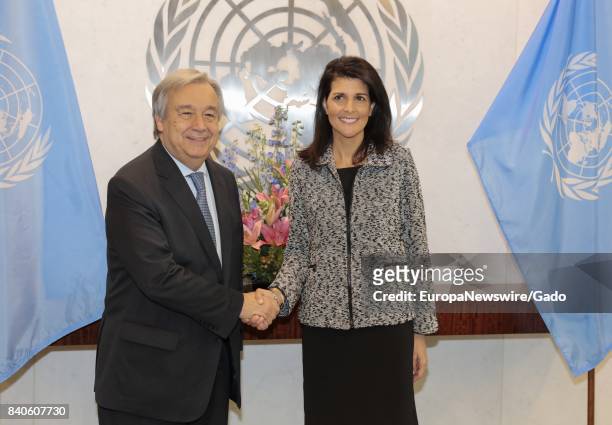 Nikki R Haley, United States Permanent Representative to the United Nations, shakes hands with Secretary-General Antonio Guterres, January 27, 2017.