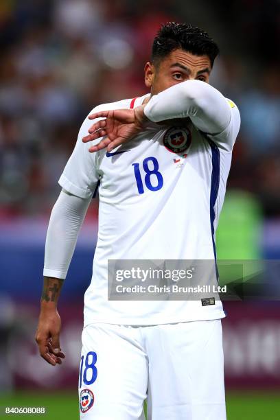 Gonzalo Jara of Chile reacts during the FIFA Confederations Cup Russia 2017 Semi-Final match between Portugal and Chile at Kazan Arena on June 28,...