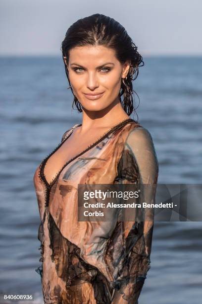 Top Model Isabeli Fontana is seen posing on the beach of the Excelsior Hotel during the 74th Venice Film Festival on August 29, 2017 in Venice, Italy.