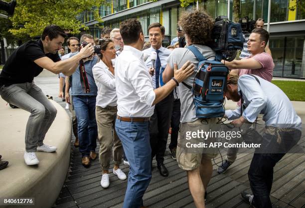Dutch Prime Minister Mark Rutte speaks to journalists after a meeting with Lodewijk Asscher regarding the budget plans, on August 29, 2017 in The...