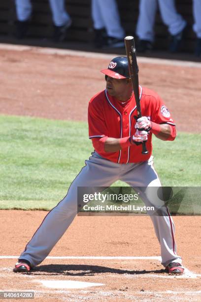 Alejandro De Aza of the Washington Nationals prepares for a pitch during a baseball game against the San Diego Padres at Petco Park on August 20,...