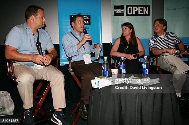 Joseph D. Chianese, Doug Mankoff, Catherine Batavick and Christopher Stelly attend the Money Without Boarders panel at the 2008 Los Angeles Film...