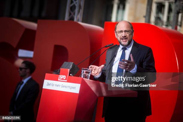 Candidate for the german chancellorship of the Social Democratic Party of Germany , Martin Schulz, is pictured during the speech of his campaign tour...