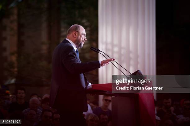 Candidate for the german chancellorship of the Social Democratic Party of Germany , Martin Schulz, is pictured during the speech of his campaign tour...