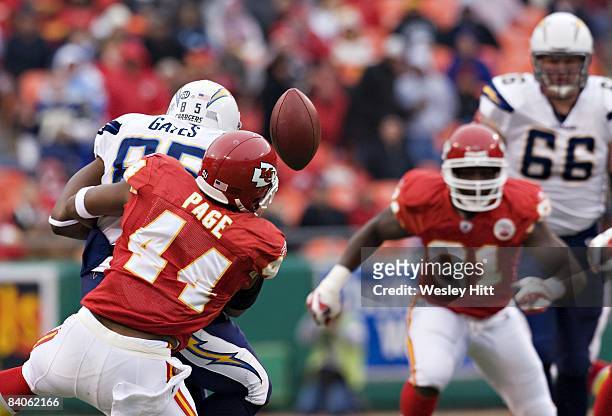Jarrad Page of the Kansas City Chiefs breaks up a pass thrown to Antonio Gates of the San Diego Chargers on December 14, 2008 in Kansas City,...