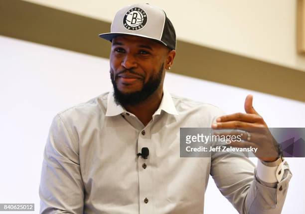 Trevor Booker of the Brooklyn Nets speaks as part of a panel at the Leaders Sport Performance Summit on August 29, 2017 in New York City.