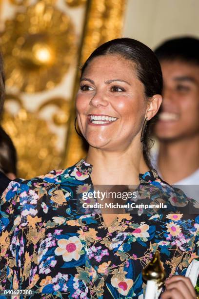 Crown Princess Victoria of Sweden attends a ceremony for the Stockholm Junior Water Prize at Grand Hotel on August 29, 2017 in Stockholm, Sweden.