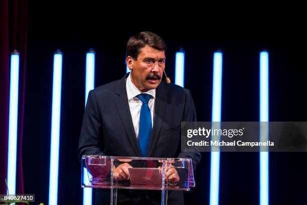 The president of Hungary Janos Ader speaks at a ceremony for the Stockholm Junior Water Prize at Grand Hotel on August 29, 2017 in Stockholm, Sweden.