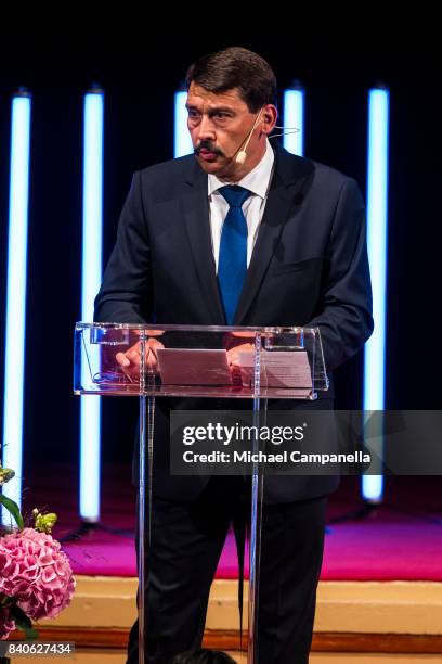 The president of Hungary Janos Ader speaks at a ceremony for the Stockholm Junior Water Prize at Grand Hotel on August 29, 2017 in Stockholm, Sweden.