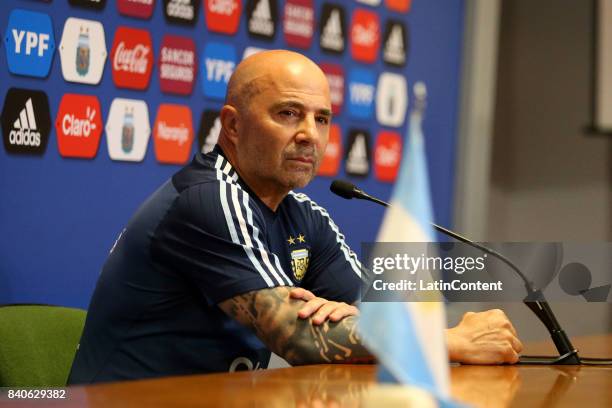 Jorge Sampaoli speaks during a press conference at 'Julio Humberto Grondona' training camp on August 29, 2017 in Ezeiza, Argentina.