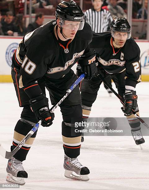 Corey Perry of the Anaheim Ducks waits on the ice during a face off during the game against the New York Rangers on December 16, 2008 at Honda Center...