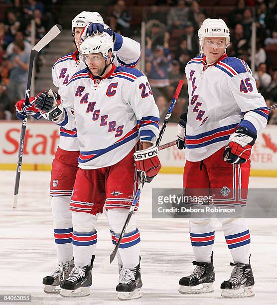 The New York Rangers celebrate a goal from teammate Chris Drury against the Anaheim Ducks during the game on December 16, 2008 at Honda Center in...