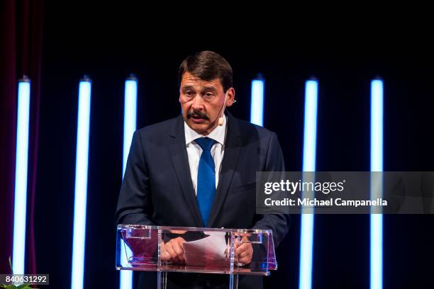 The president of Hungary Janos Ader speaks at a ceremony for the Stockholm Junior Water Prize at Grand Hotel on August 29, 2017 in Stockholm, Sweden.