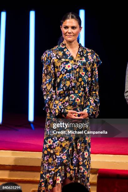 Crown Princess Victoria of Sweden attends a ceremony for the Stockholm Junior Water Prize at Grand Hotel on August 29, 2017 in Stockholm, Sweden.