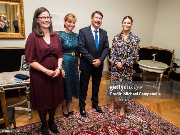 Crown Princess Victoria of Sweden and Hungarian president Janos Ader pose for a picture after a ceremony for the Stockholm Junior Water Prize at...