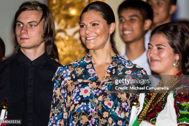 Crown Princess Victoria of Sweden attends a ceremony for the Stockholm Junior Water Prize at Grand Hotel on August 29, 2017 in Stockholm, Sweden.