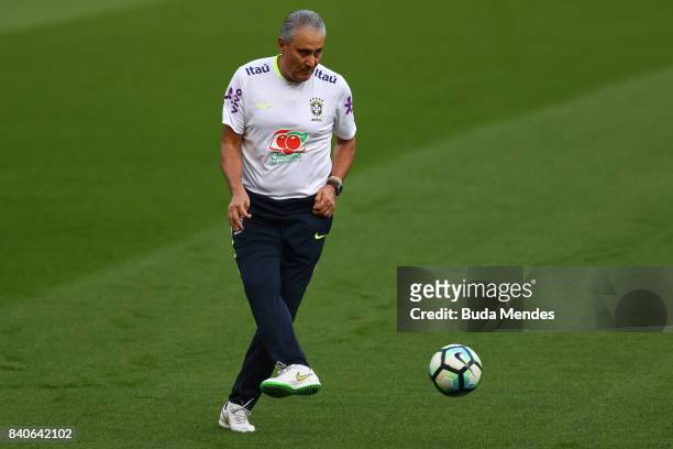 Head coach Tite takes part in a training session at the Beira Rio Stadium on August 29, 2017 in Porto Alegre, Brazil, ahead of their 2018 FIFA World...