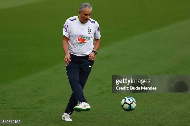 Head coach Tite takes part in a training session at the Beira Rio Stadium on August 29, 2017 in Porto Alegre, Brazil, ahead of their 2018 FIFA World...