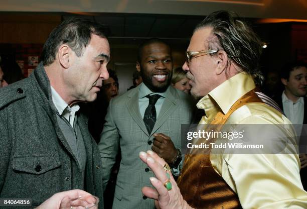 Director Oliver Stone, actor/rapper Curtis '50 Cent' Jackson and actor Mickey Rourke attend the after party of the Los Angeles premiere of "The...