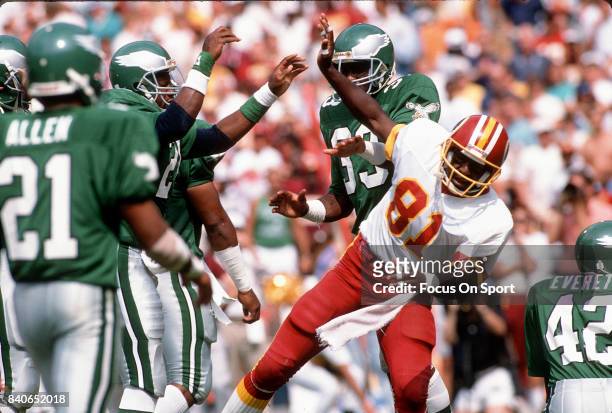 Art Monk of the Washington Redskins in action against the Philadelphia Eagles during an NFL football game September 17, 1989 at RFK Stadium in...
