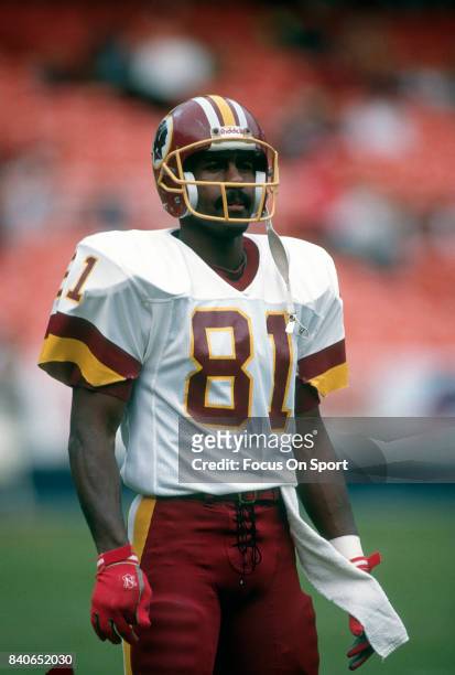 Art Monk of the Washington Redskins warms up during pregame warm ups prior to the start of an NFL football game against the Atlanta Falcons November...