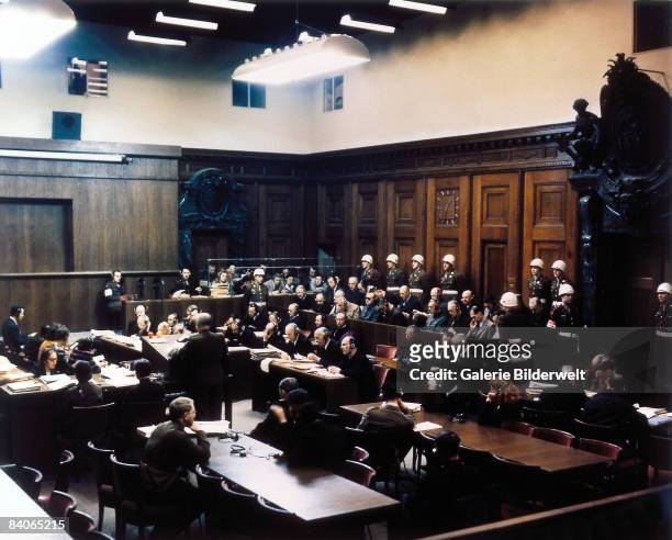 View of Room 600 at the Palace of Justice during proceedings against leading Nazi figures at the International Military Tribunal , Nuremberg,...