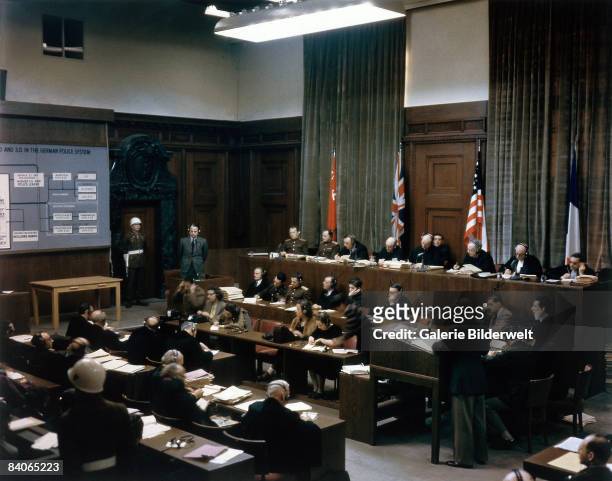 The trial takes place of SS and Sicherheitsdienst leader Ernst Kaltenbrunner in Room 600 at the Palace of Justice during the International Military...