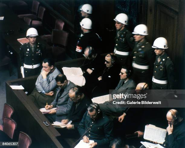 Defendants in the dock in Room 600 at the Palace of Justice, during proceedings against leading Nazi figures for war crimes at the International...