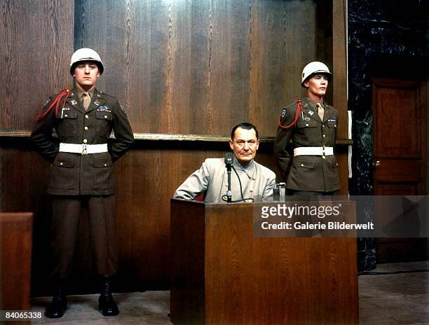 German Reichsmarschall, Commander of the Luftwaffe Hermann Goering during cross examination at his trial for war crimes in Room 600 at the Palace of...