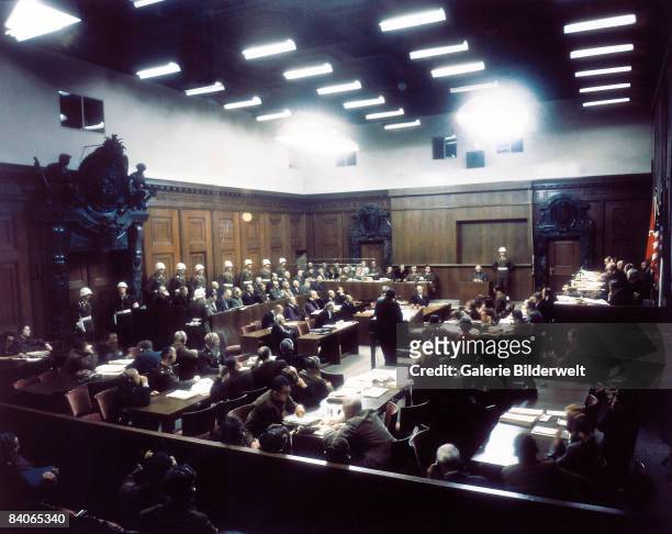 View of Room 600 at the Palace of Justice during proceedings against leading Nazi figures at the International Military Tribunal , Nuremberg,...
