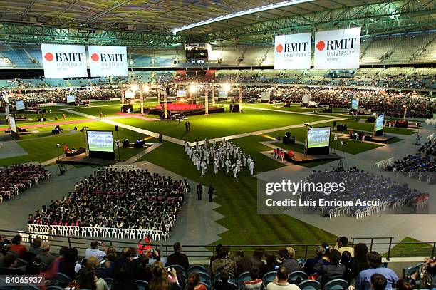 Graduates gather at the Melbourne Tesltra Dome for their graduation ceremony at Melbourne's CBD on December 17, 2008 in Melbourne, Australia. RMIT...