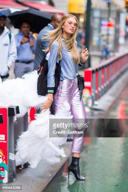 Model Romee Strijd is seen going to fittings for the 2017 Victoria's Secret Fashion Show in Midtown on August 29, 2017 in New York City.
