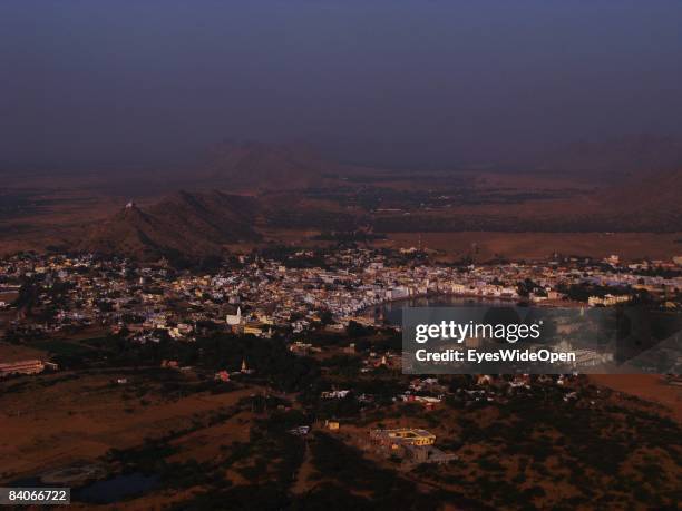 General view of the holy city Pushkar and the lake on January 06, 2008 in Pushkar, India. According to a legend, the lake was created as the hindu...