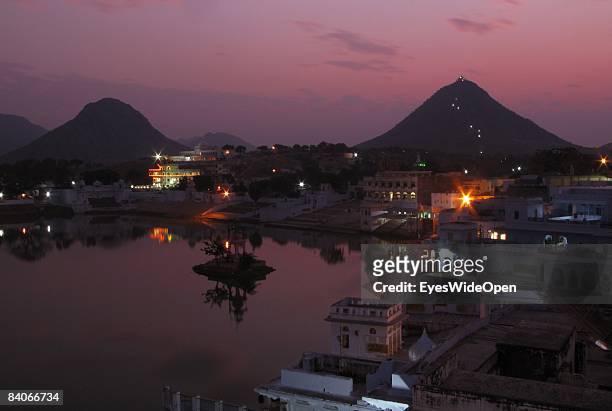 General view of the holy city Pushkar and the lake on January 06, 2008 in Pushkar, India. According to a legend, the lake was created as the hindu...