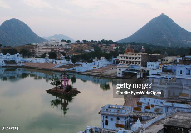 General view of the holy city Pushkar and the lake on January 06, 2008 in Pushkar, India. According to a legend, the lake was created as the hindu...