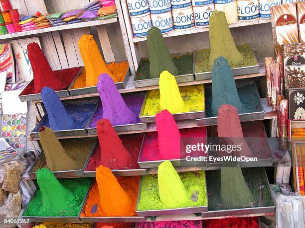 Turrets of colorful powder in different gradation for staining and drawing and religious ceremonies on January 06, 2008 in Pushkar, India.