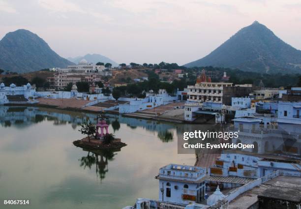 General view of the holy city Pushkar and the lake on January 06, 2008 in Pushkar, India. According to a legend, the lake was created as the hindu...