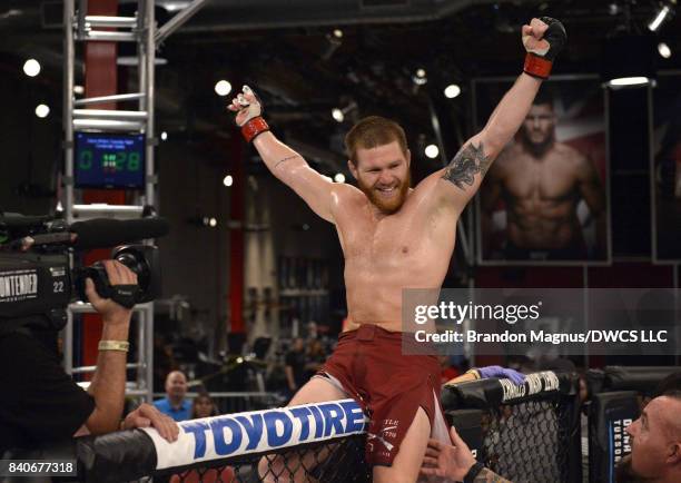 Matt Frevola celebrates after defeating Luke Flores by submission in their lightweight bout during Dana White's Tuesday Night Contender Series at the...