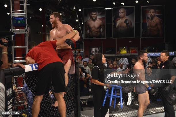 Matt Frevola celebrates after defeating Luke Flores by submission in their lightweight bout during Dana White's Tuesday Night Contender Series at the...