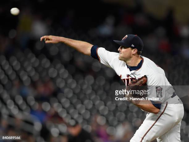 Matt Belisle of the Minnesota Twins delivers a pitch against the Chicago White Sox during the ninth inning of the game on August 29, 2017 at Target...