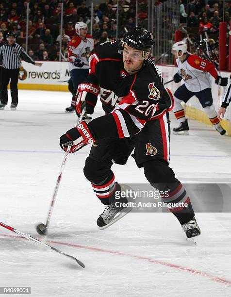 Antoine Vermette of the Ottawa Senators shoots the puck against the Florida Panthers at Scotiabank Place on December 8, 2008 in Ottawa, Ontario,...