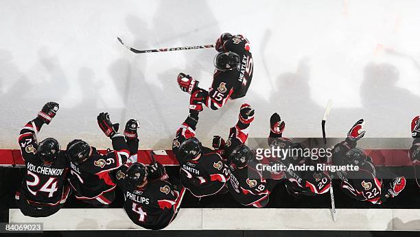 Dany Heatley of the Ottawa Senators celebrates a goal against the Florida Panthers at the players' bench at Scotiabank Place on December 8, 2008 in...