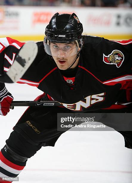 Nick Foligno of the Ottawa Senators prepares for a faceoff against the Florida Panthers at Scotiabank Place on December 8, 2008 in Ottawa, Ontario,...