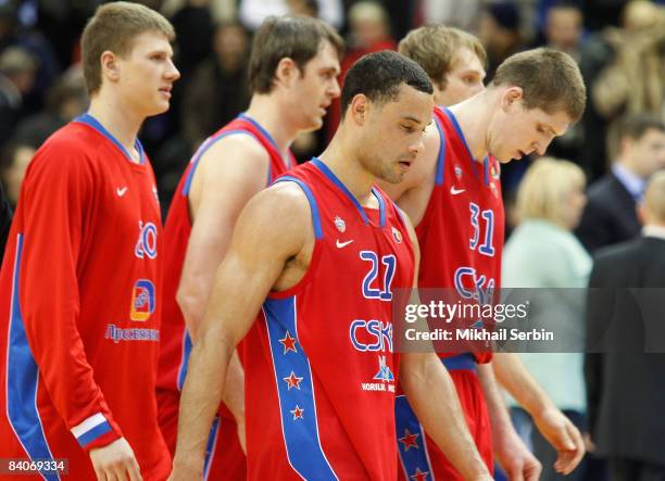 Trajan Langdon, #21 and Victor Khryapa, #31 of CSKA Moscow after the Euroleague Basketball Game 8 match between CSKA Moscow and Real Madrid on...